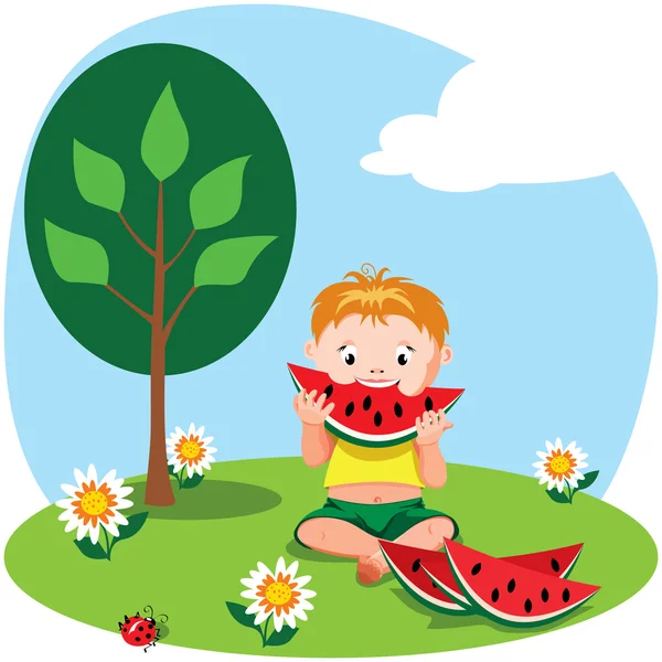 Boy eating watermelon — Stockvector