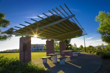 Bbq area with a pergola in the sun clipart