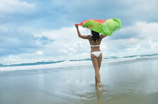 在风中的比基尼控股披肩在海滩上的模型 — 图库照片
