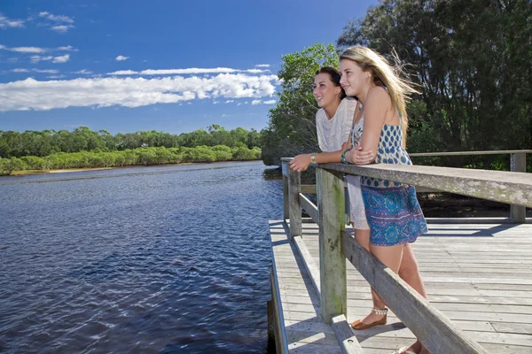 Två flickor söker från utsiktsplattform av bäcken — Stockfoto