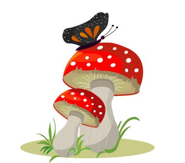 Vector. Mushrooms with butterfly clipart