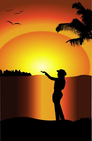 Silhuetten av en kvinna med armarna i luften vid solnedgången — Stock vektor