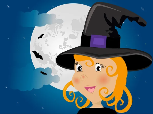 ハロウィーンの衣装の聖霊降臨祭の月とバットでかわいい女の子 — ストックベクタ