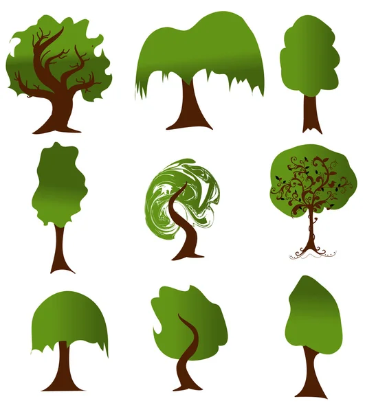 Conjunto de siluetas de árboles verdes para el diseño ecológico. Versión vectorial — Vector de stock