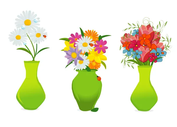 Three beautiful flowers in colorful vases vector — Stock Vector