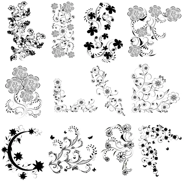 Black and white flowers angle set — Stock Vector
