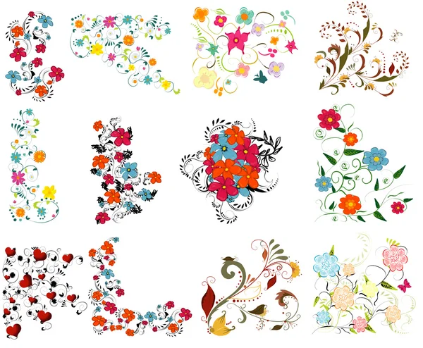 Ensemble d'éléments design colorés vintage. Avec feuilles et fleurs . — Image vectorielle