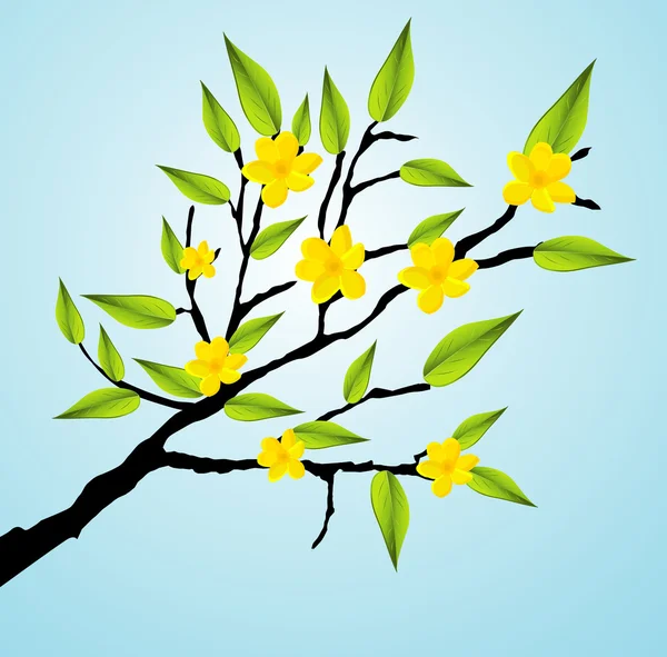 Икона ветви зеленого дерева с красивыми желтыми цветами — стоковый вектор