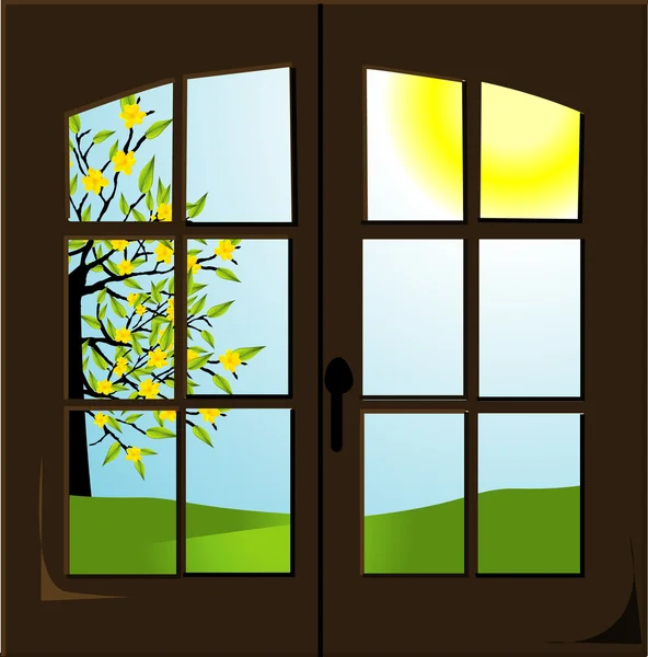 Ανοίξτε το παράθυρο με ένα ανοιξιάτικο τοπίο — Διανυσματικό Αρχείο