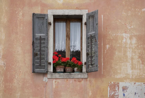 Fenster mit roter Geranien — Stockfoto