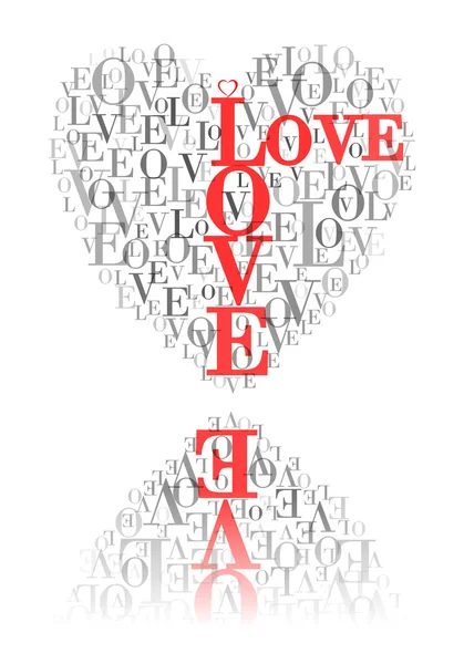 A heart made of words "LOVE" and reflected — Stock Vector