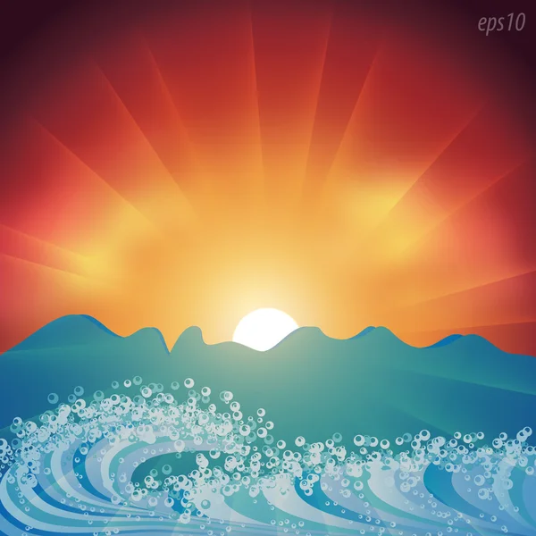 Západ slunce v moři a hory — Stockový vektor