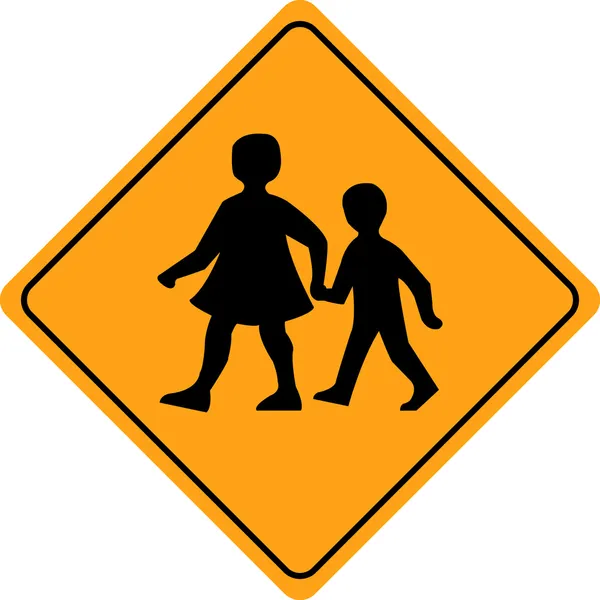 Niños cruzando señal de advertencia escolar — Vector de stock