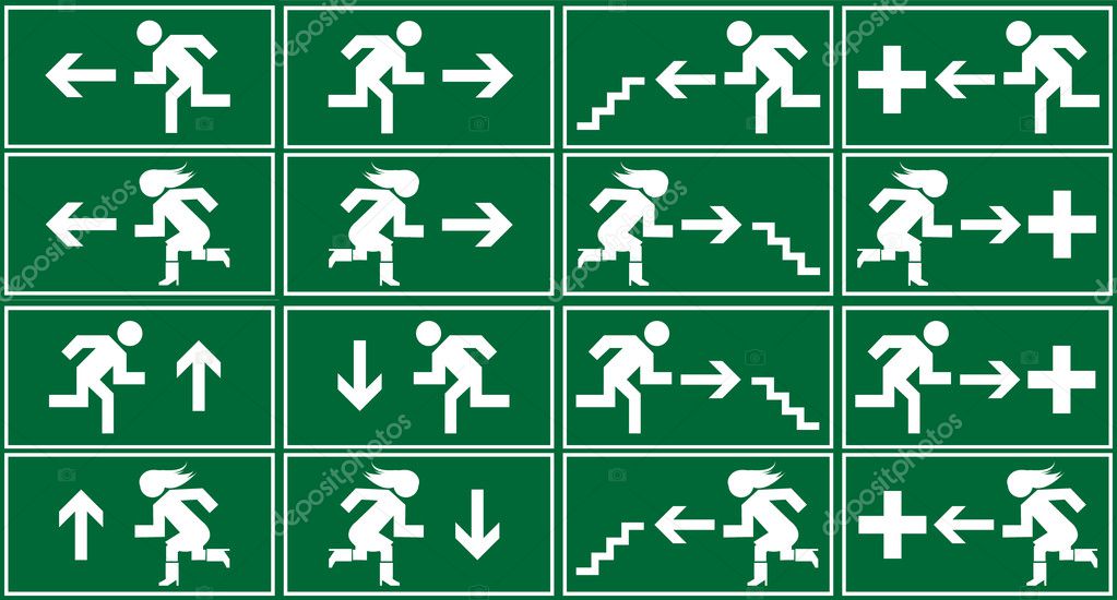 Green emergency exit sign, icon and symbol set