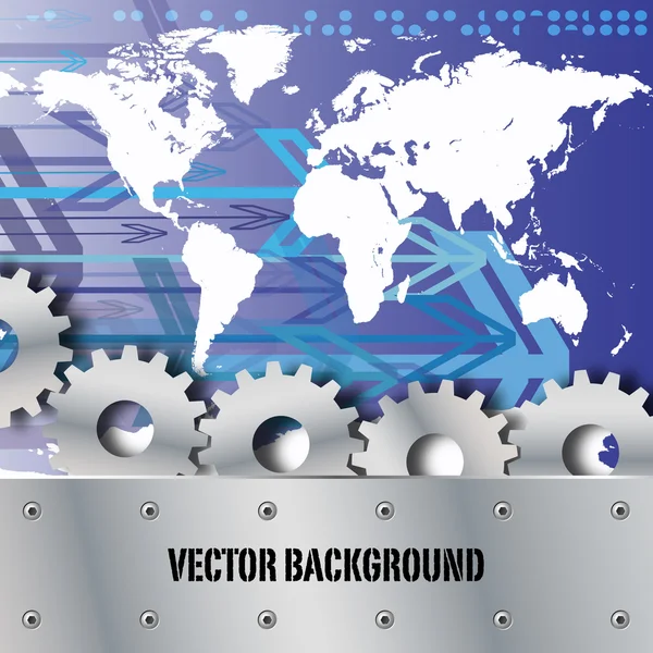 Placa de metal y engranajes mapa del mundo con el vector de flechas — Vector de stock