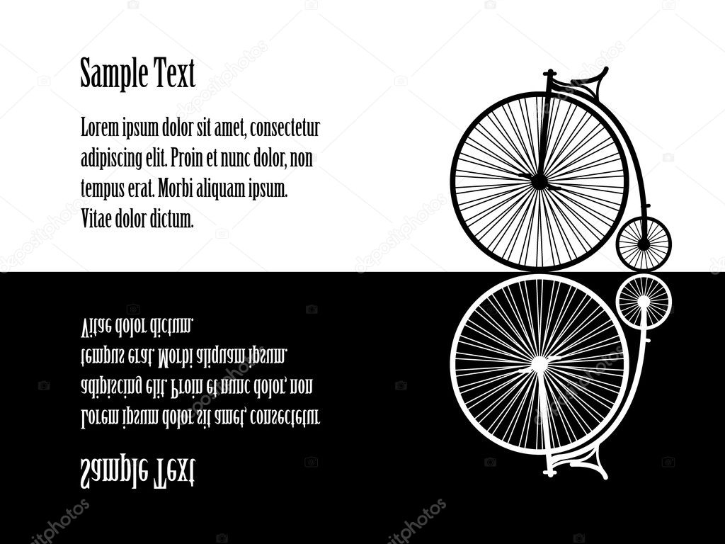 Illustration of velocipede (old bicycle), black and white, refl