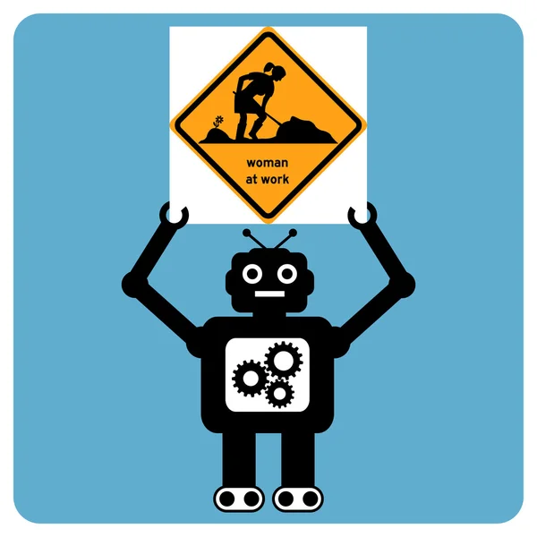Robot moderne avec panneau de signalisation "femme au travail " — Image vectorielle