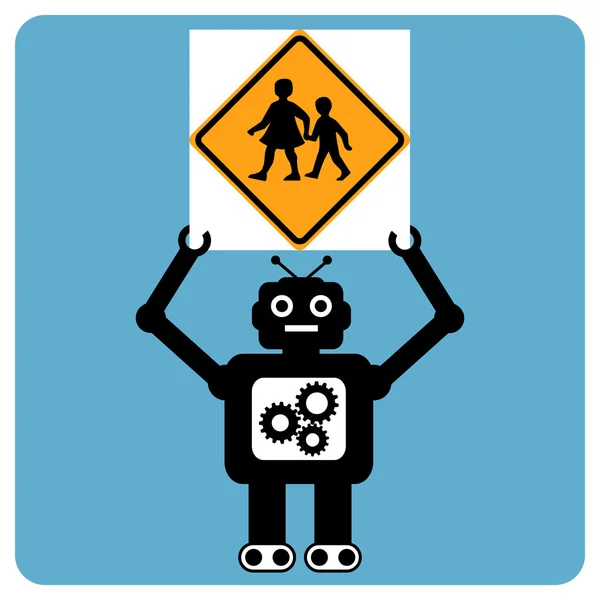 Robot moderno con señal de tráfico "cruce de niños " — Vector de stock