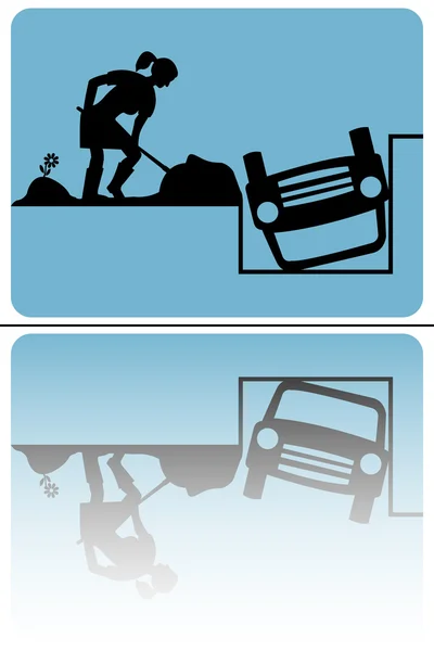Nie parkingu ruchu znak kobieta kopać samochód - odzwierciedlenie — Wektor stockowy