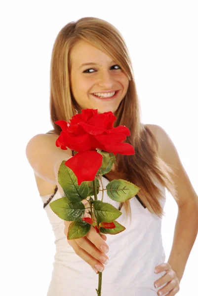 Κορίτσι με ένα κόκκινο τριαντάφυλλο — Φωτογραφία Αρχείου