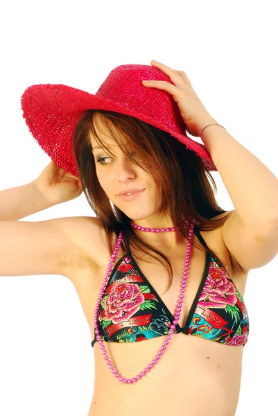 Una expresión divertida de una chica con sombrero rojo —  Fotos de Stock