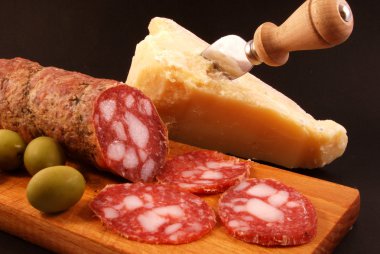 Salami, parmesan cheese, green olives, clipart