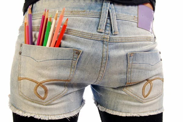 Colored pencils in the pocket of Jeans — Stock Photo, Image
