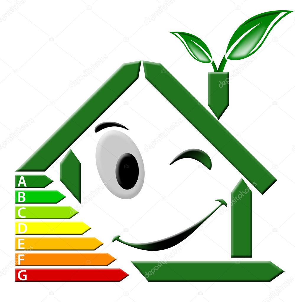 Casa verde con viso sorridente e occhiolino, tabella di consumi energetici e foglie che fuoriescono dal camino
