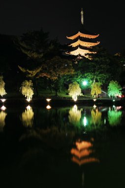 Göl ile görkemli pagoda gece manzarası