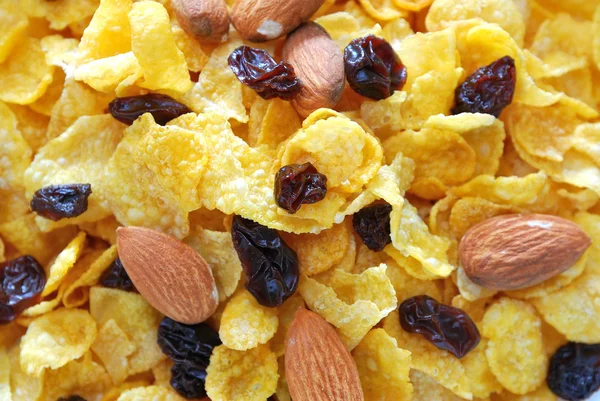 Healthy cereal with raisins and nuts — Stock Photo, Image