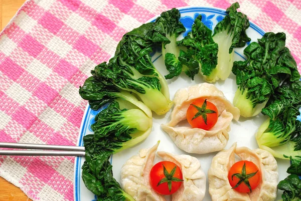 Chinese dumplings and vegetables — Stock Photo, Image