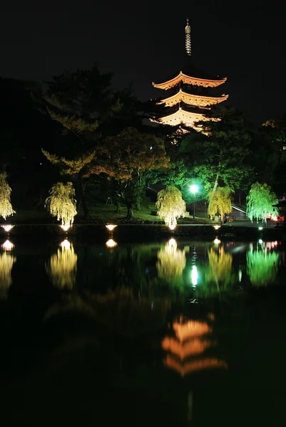 Vista noturna do majestoso pagode com lago — Fotografia de Stock