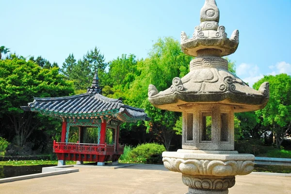 Stone lamp with quaint oriental pavillion — Stock Photo, Image