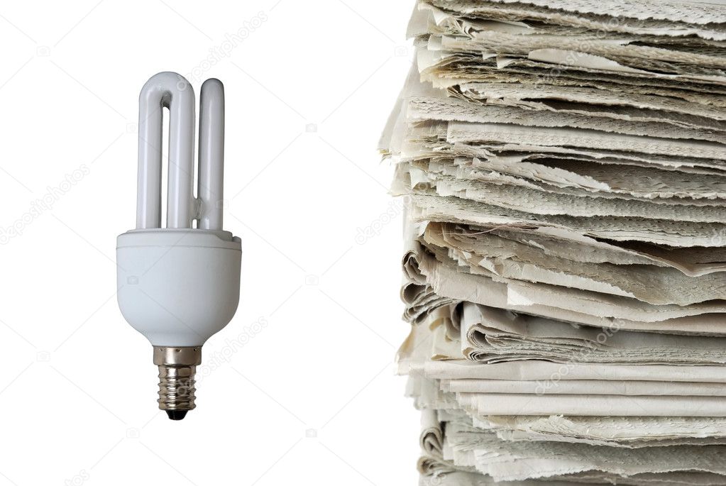 Light bulb and used newspapers