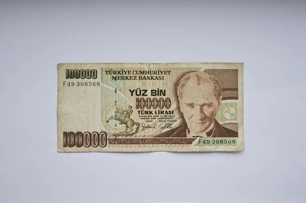 Old one hundred thousand Turkish Lira banknote front — Stock Photo, Image