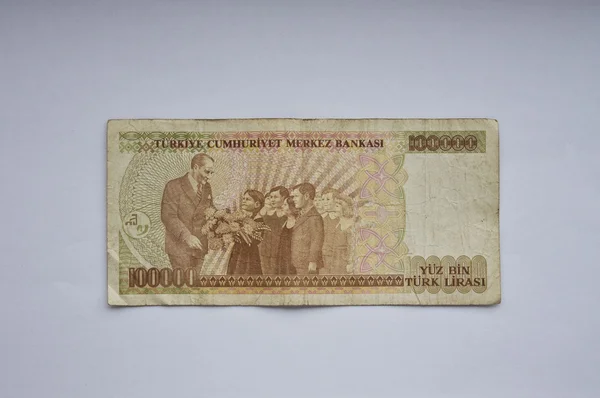 Old one hundred thousand Turkish Lira banknote back — Stock Photo, Image