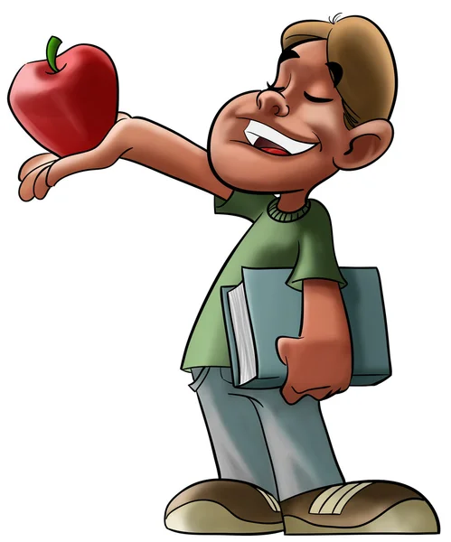 Student och rött äpple — Stockfoto