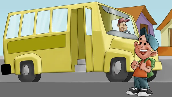 Мальчик и школьный автобус — стоковое фото