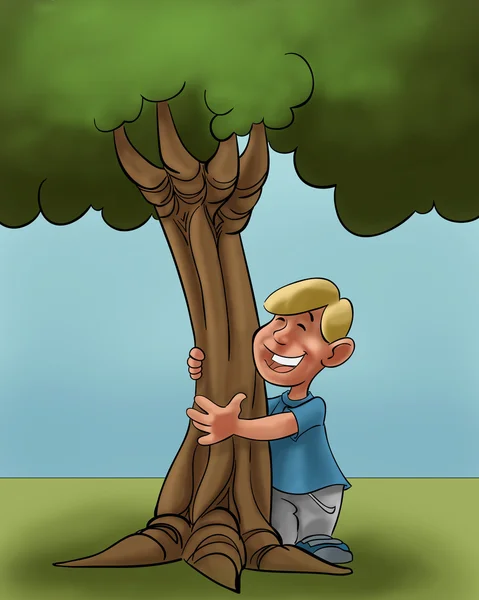 Um menino abraçando uma árvore jovem — Fotografia de Stock