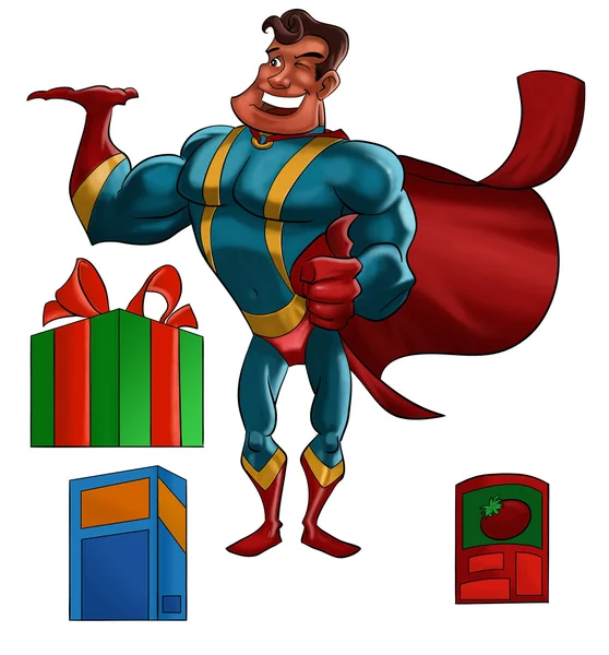 Super herói com produtos — Fotografia de Stock