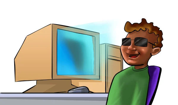 Сліпий хлопчик і комп'ютер — стокове фото
