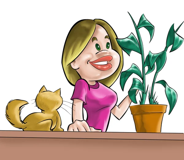 A menina, gato e planta — Fotografia de Stock