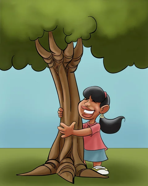 어린 소녀 huging 젊은 나무 스톡 사진