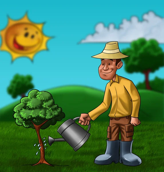 O agricultor e a planta — Fotografia de Stock