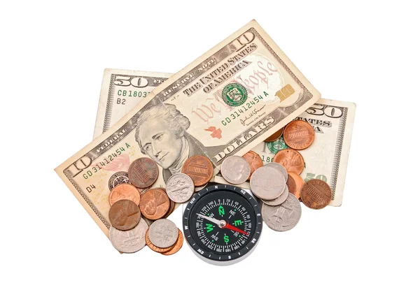 指南针和钱 — 图库照片