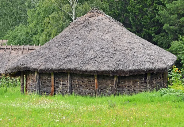 Oude schuur met een stro dak — Stockfoto