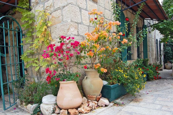 Flowerbed on medieval street of Jerusalem — Stock Photo, Image
