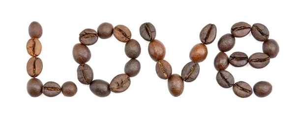 Wort Liebe mit Kaffeebohnen geschrieben — Stockfoto