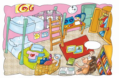 Bunk beds, bedroom, window, curtains, clipart