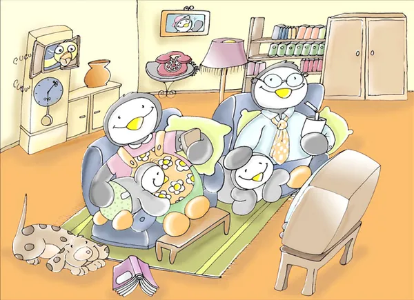 Family of penguins in the room,